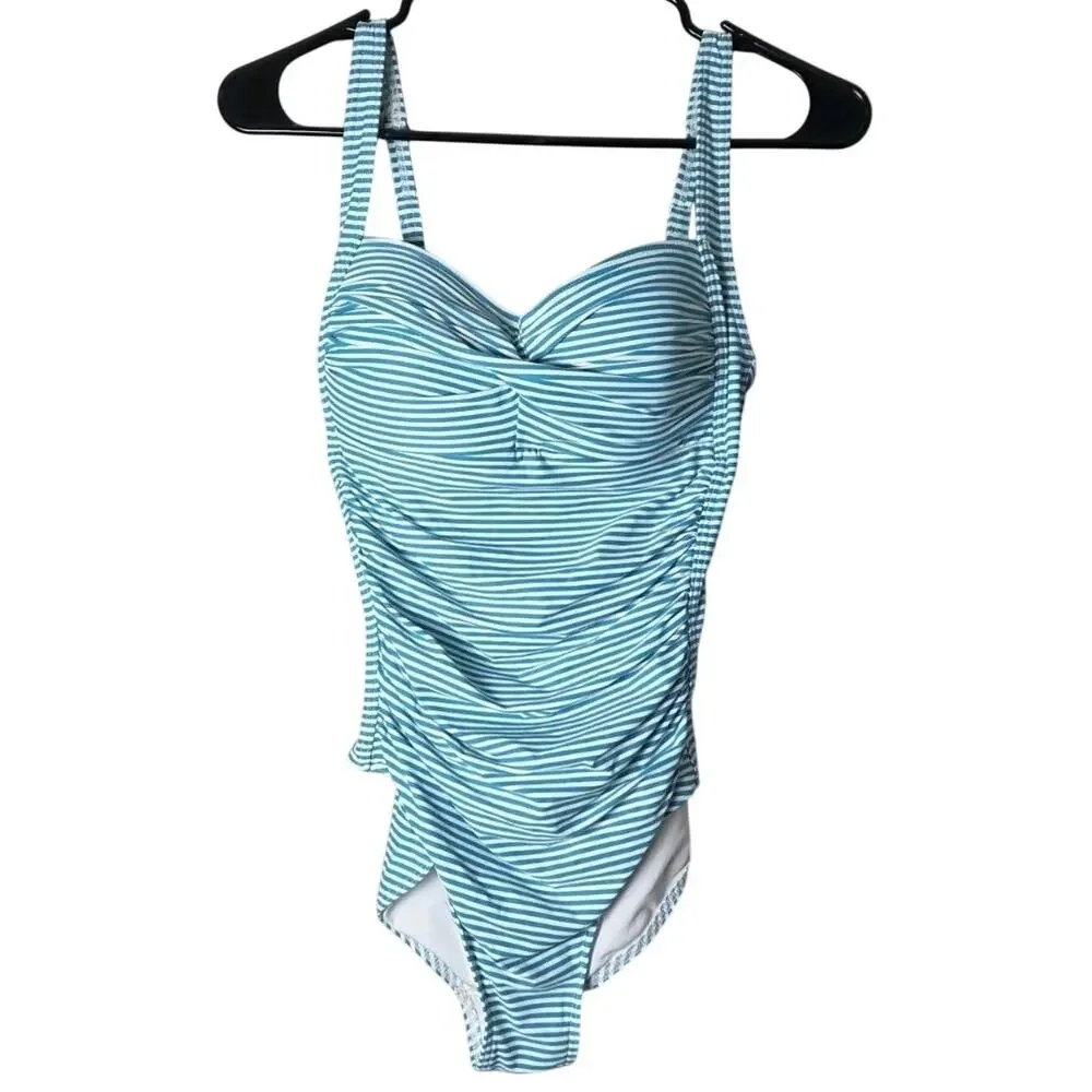 Nip Tuck Swim One‎ Piece Bathing Suit Size 6 Blue White Striped Ruched